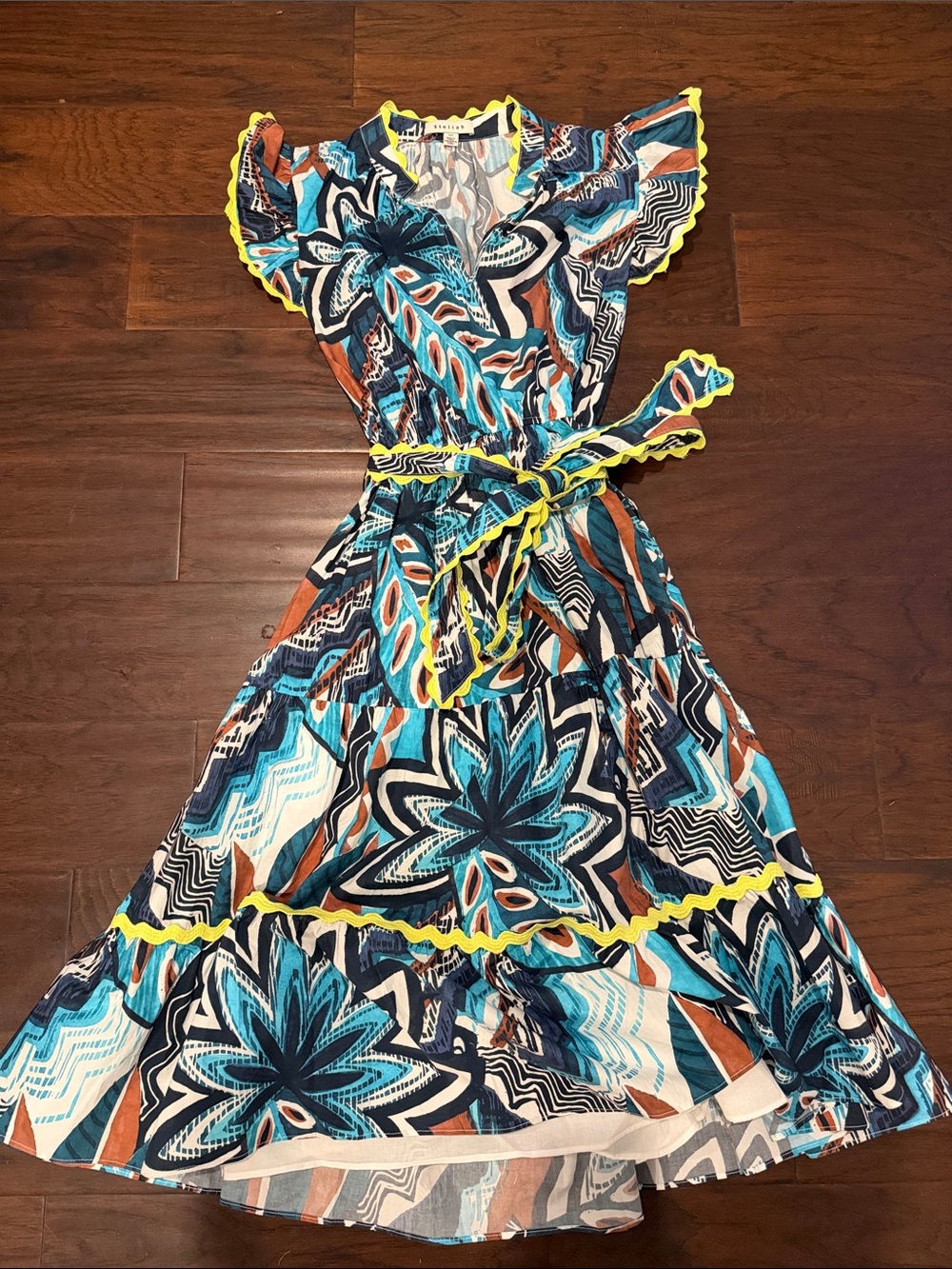 Stellah Blue & Teal Floral Wrap Dress with Yellow Trim xs